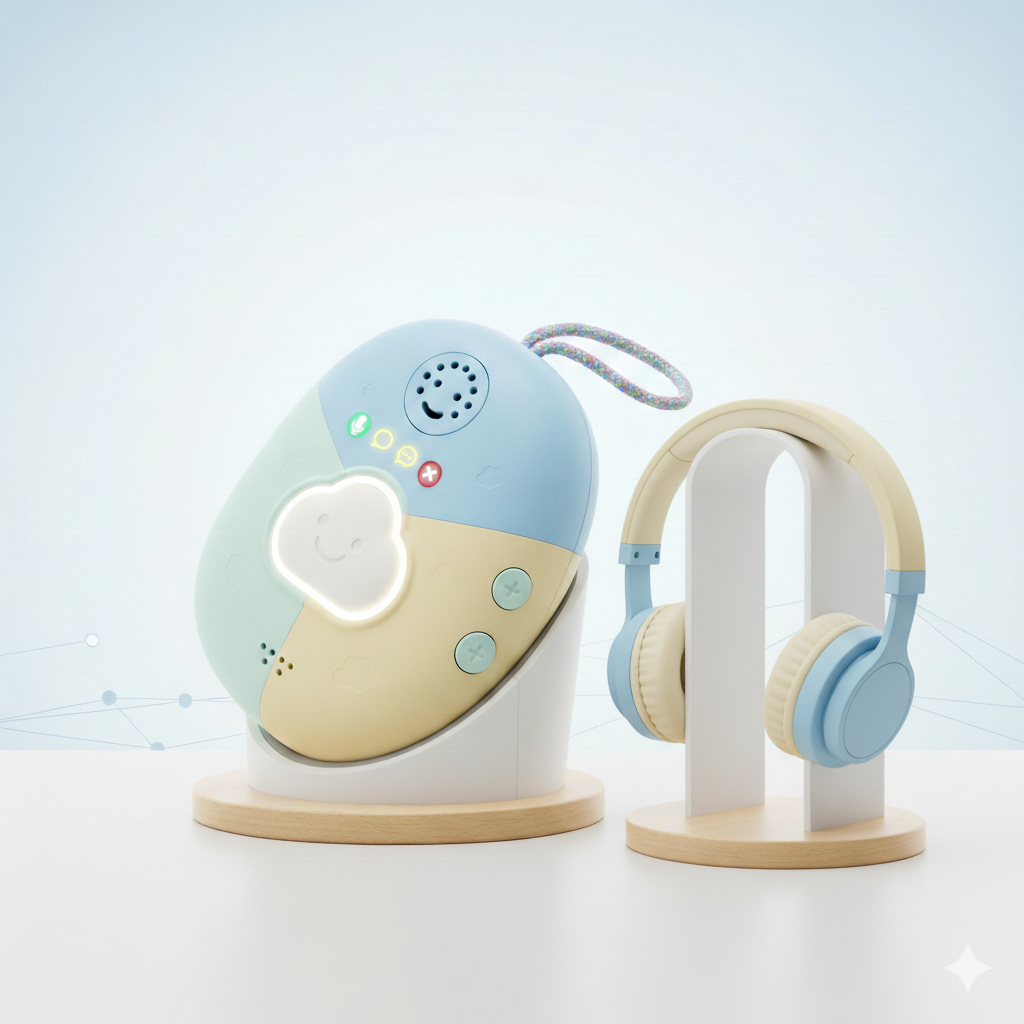 Zozz device with companion headphones on display stand